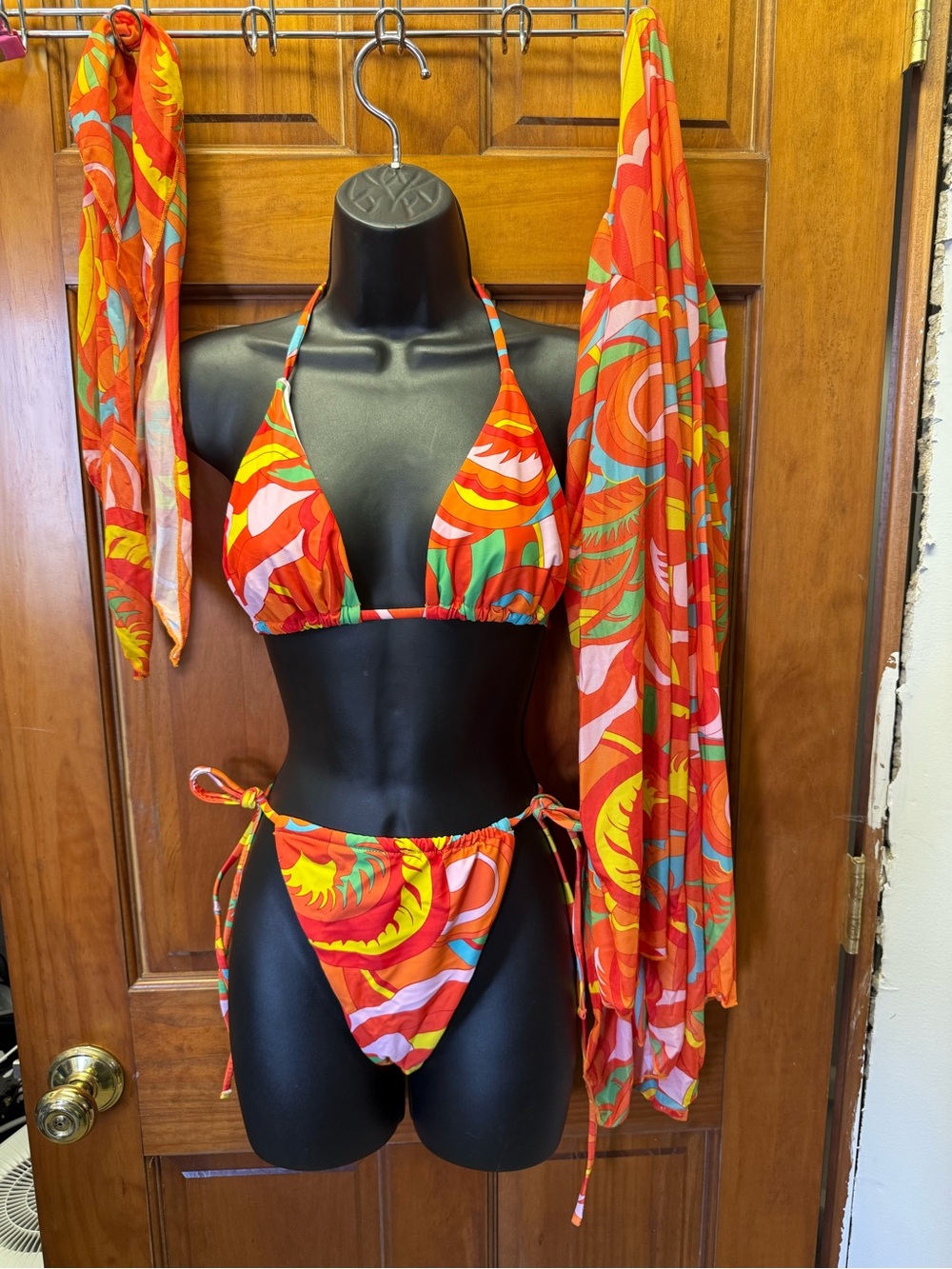 SHEIN Orange Red Multi-Color Tropical Tie Bikini with Cover-Up